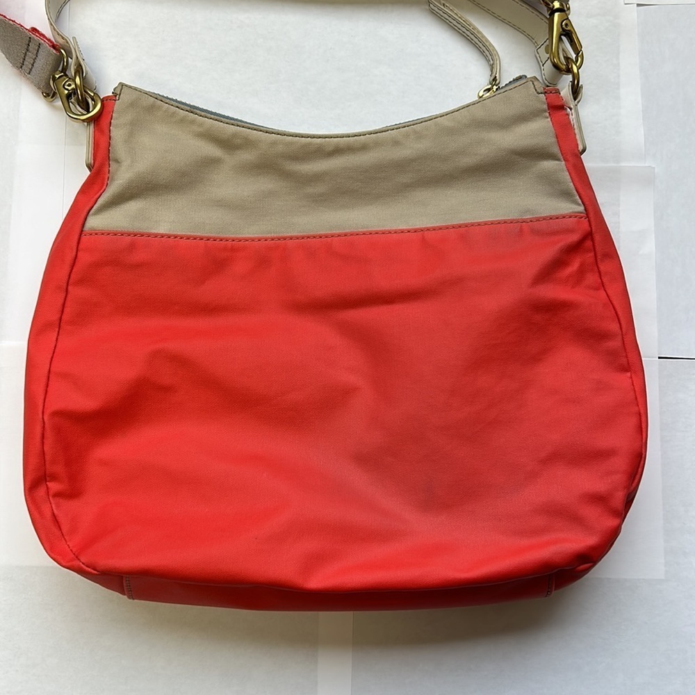 Fossil hobo shoulder and crossbody orange and tan textile bag 3 zipper closures - Picture 8 of 16
